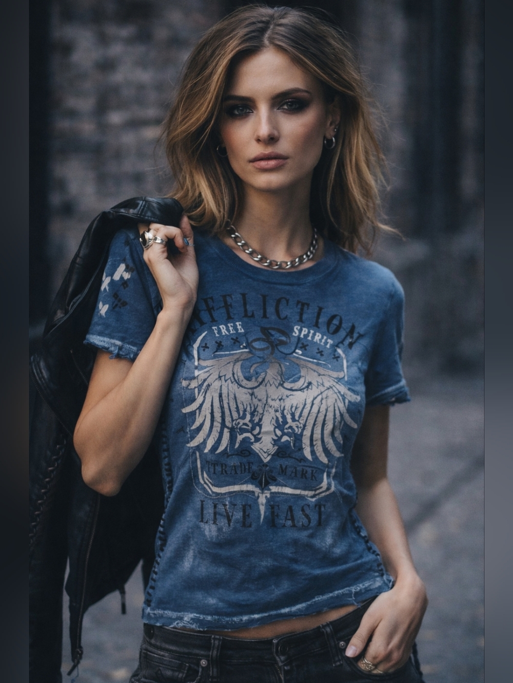 AFFLICTION T Shirt Womens Small Blue Y2K Fitted Grunge Indie Sleaze Distressed